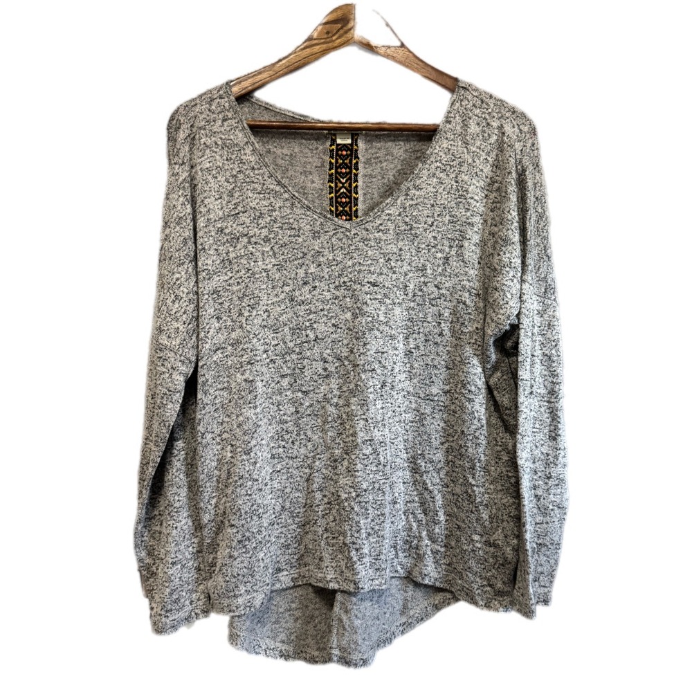 Energe Marled‎ V-Neck Sweater Women L Gray Excellent Boho Embroidered Back